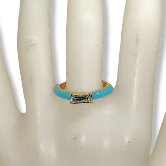 Gold-Tone Baguette White Glass Stone and Blue Enamel Stack Ring Adjustable Size - Picture 3 of 3